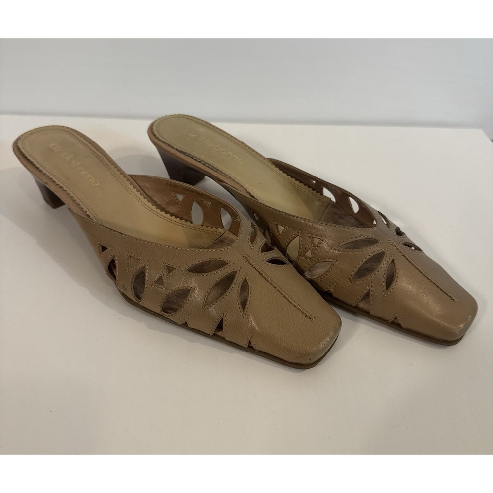 Vintage Liz Claiborne Leather Cutout Mules Square Toe Kitten Heel Tan Shoes 7.5⁠